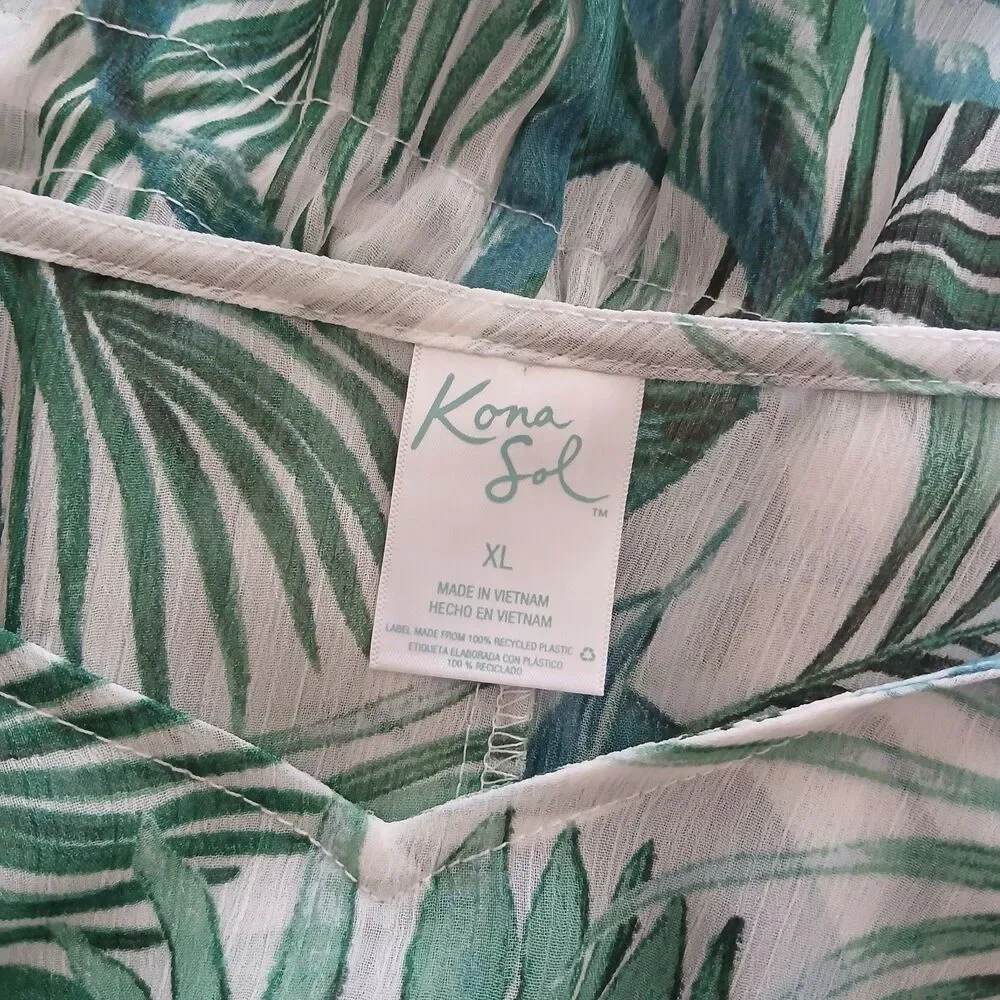 Kona Sol Leaf Print Bathing Suit Beach Cover Up Women’s Size XL Green White 1035